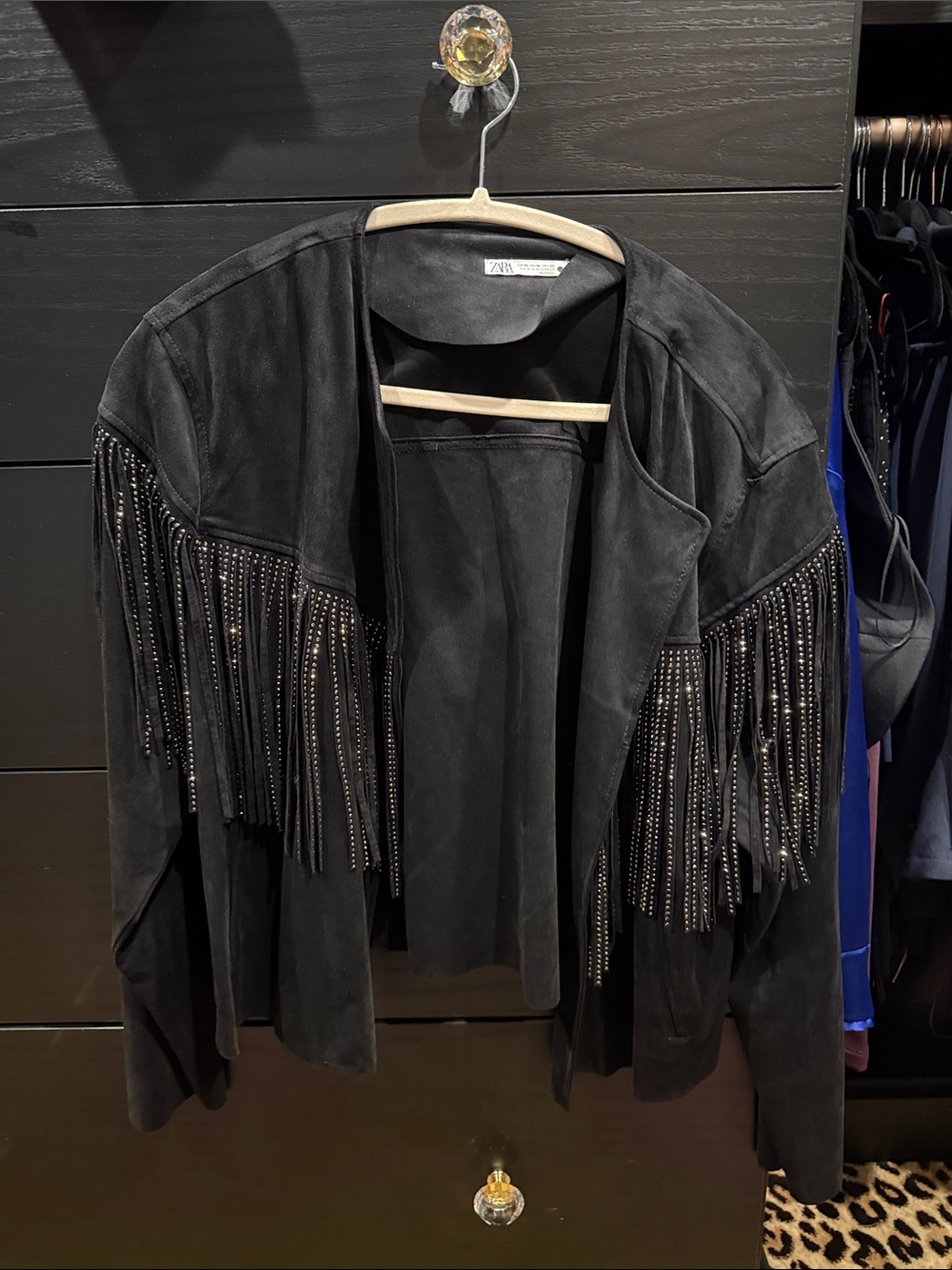 Zara bling Fringed faux Suede Jacket - Black size XL new